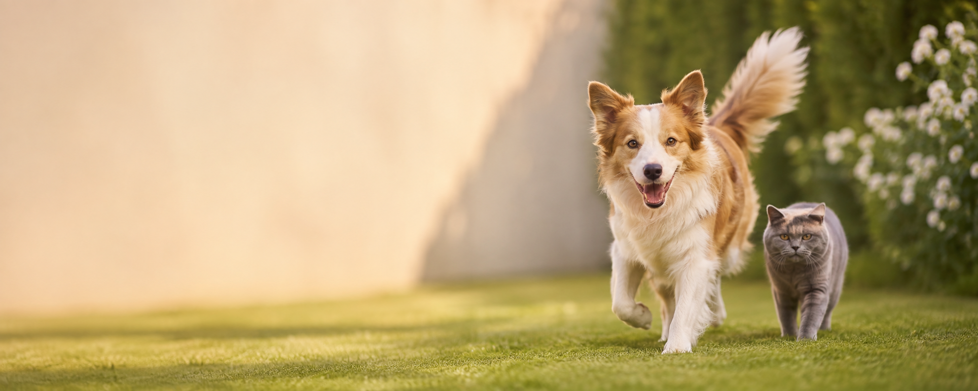 A dog and a cat walking together on grass in a British garden